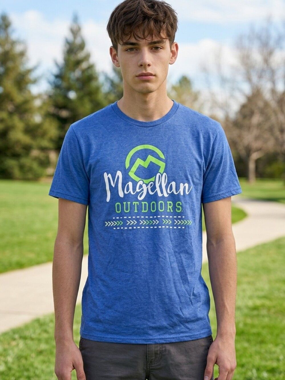 Magellan Outdoors Men S Blue Graphic Tee Mountain Logo Hiking Camping Shirt